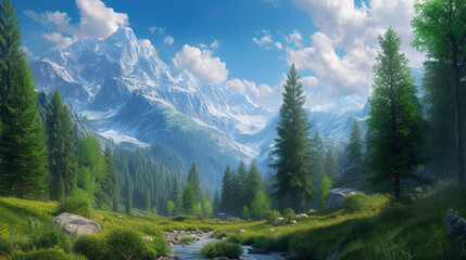 Beautiful summer landscape with mountain river and coniferous forest.