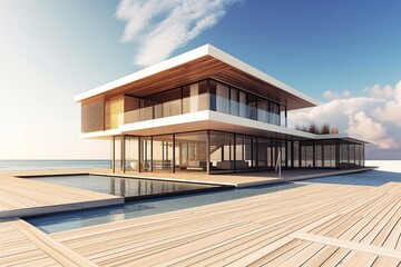 Modern Luxury Beach House With Seaview Pool, Terrace, And Empty Wooden Deck