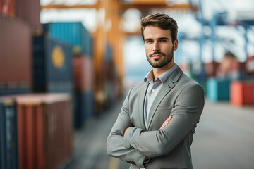 Fototapeta premium Confident IMPORTEXPORT SPECIALIST in a poised and empowered stance in him office