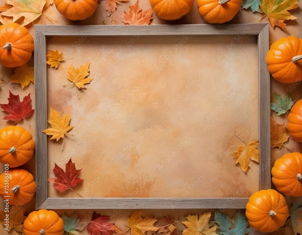 Poster autumn halloween postcard with a wooden frame lined with orange pumpkins and maple leaves on a vinta