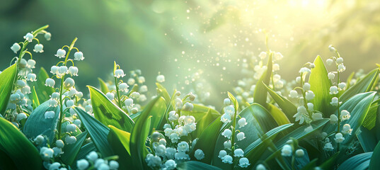 Fototapeta na wymiar banner of Lily of the valley on the green background, spring time 