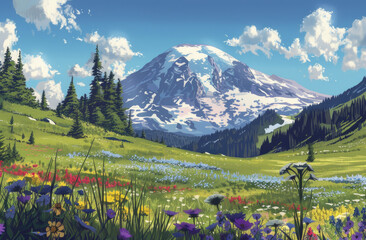 flowers blooming in front of mountain