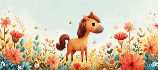 banner of horse on the flower background, spring time