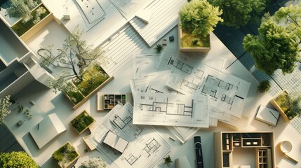 Environment concept. Green architectural plans with landscape design on the desk.