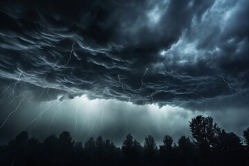night forest landscape, dark dramatic stormy sky with lightning and cumulus clouds for abstract background