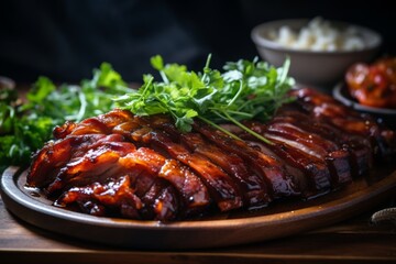 Sizzling samgyeopsal. savory south korean grilled pork belly, authentic korean cuisine - obrazy, fototapety, plakaty