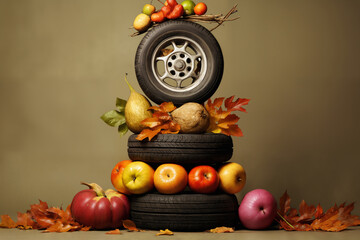 car wheels and tires decorated with autumn yellow leaves and fruits and vegetables on a gray background, studio shoot
