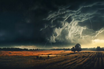 Fototapeta premium dark dramatic stormy sky with lightning and cumulus clouds over plain for abstract background