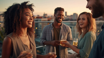 A Group of Young People Enjoy a Relaxing Rooftop Party at Sunset
