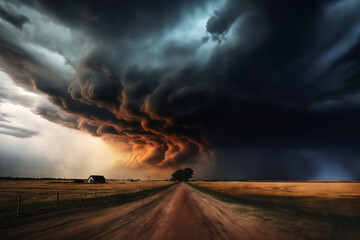 landscape, ground road in plain for abstract background, dark dramatic stormy sky and cumulus clouds