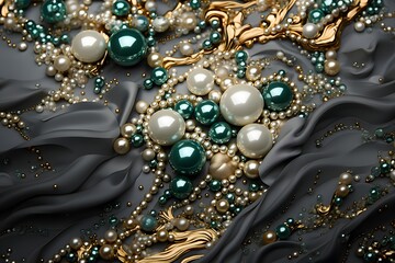 Black silk background with pearls and gems