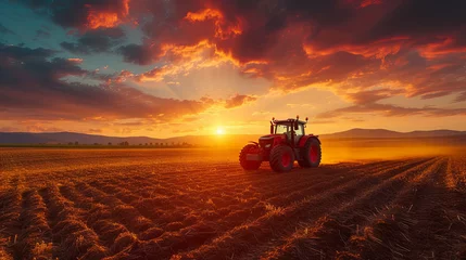 Foto op Plexiglas Donkerrood tractor is working in the meadow on sunrise 