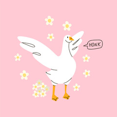 Cute goose. Adorable farm birds in different poses, funny characters and flowers. Childish t-shirt print and poster design, kids textile and nursery decor. Vector cartoon flat isolated illustration