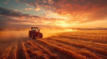 tractor is working in the meadow on sunrise, agriculture concept 