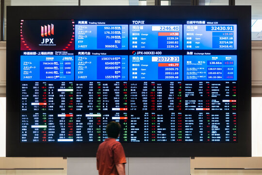 Tokyo Stock Exchange Stock market index board JPX Japan economic with Japanese Investor : Tokyo, Japan- July 20, 2023 