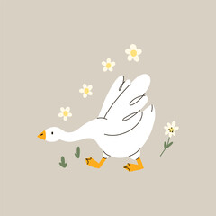Cute goose. Adorable farm birds in different poses, funny characters and flowers. Childish t-shirt print and poster design, kids textile and nursery decor. Vector cartoon flat isolated illustration