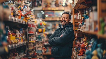 Friendly store owner or worker smiling proudly in a toy store, surrounded by a blur of colorful toys, creating a cheerful and welcoming retail environment. - obrazy, fototapety, plakaty