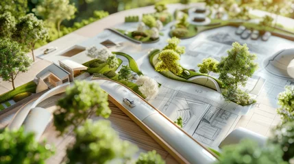 Selbstklebende Fototapeten Environment concept. Green architectural plans with landscape design on the desk. © Oulaphone