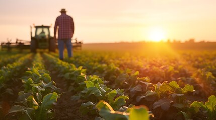 Farmer at work on a field of young beets at sunset