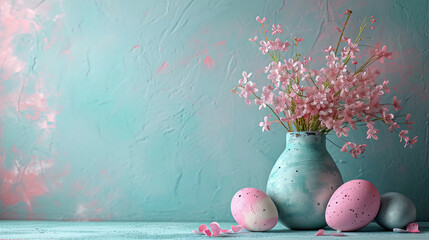 pink flowers in vase and easter eggs, greetimg card, pastel blue baclground, spring time  - obrazy, fototapety, plakaty