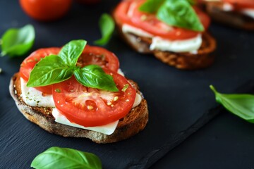 Close up view of Toasts with tomato, basil and mozzarella cheese on a black stone plate