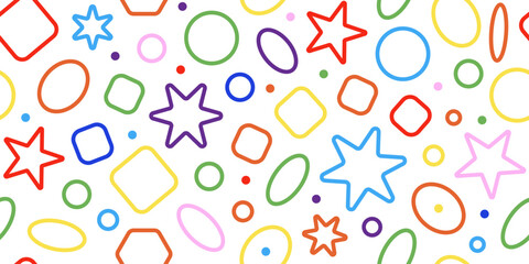 Doodle seamless pattern. Fun colorful geometric background. 90s kids background. Funny modern childish drawings. Wallpaper and wrapping design. Banner backdrop. Party confetti, vector illustration