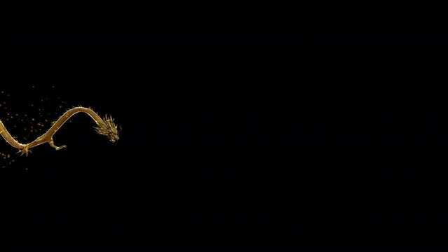 3D animation golden dragon slithering in the air on side view with gold particles including alpha matte.