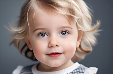 cute girl about 2 years old, blond wavy hair, cheerful look	