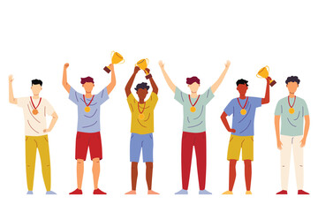 Fototapeta premium Set of men hold the winners cups. Vector illustration