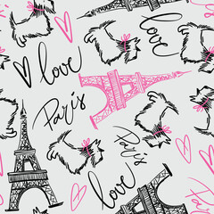 Fashion seamless pattern. Love Paris. pattern with original calligraphic fonts, sketch Eiffel Tower and scottish terriers. for fashion clothes, t shirt, child, wrapping paper. Creative girlish design