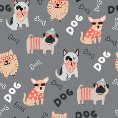 Seamless pattern with dog: pomeranian spitz, chihuahua, pug, bulldog. Background for textile, fabric, web, card, wrapping paper, girl and boy, teen and other design.