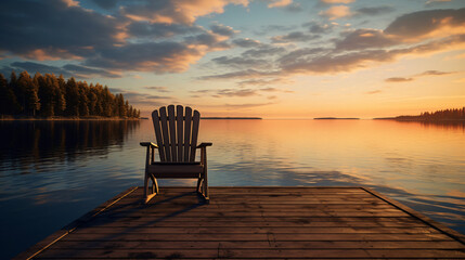 A chair sitting on a wooden deck - obrazy, fototapety, plakaty