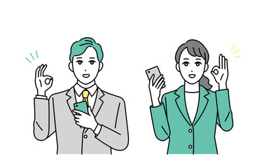 笑顔でスマートフォンをもつビジネスパーソンのイラスト