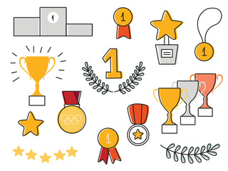 Awards, trophy cups, first place medals and podium winners set. Gold medal and champion trophy cup. Hand drawn award decorative icons. Vector illustrations. - obrazy, fototapety, plakaty