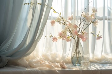 Elegant Drapery Enhances Sunlit Backdrop, Accentuating Springtime Blooms And Soft Hues