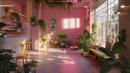 A sunlit indoor room with thriving plants and comfortable seating, imparting a peaceful ambiance