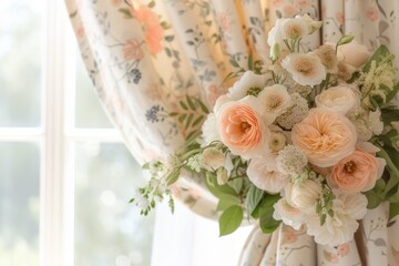 Elegant Drapery Frames Sunlit Backdrop, Enhancing Springtime Blooms And Soft Hues