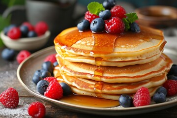 Stack Of Delicious Pancakes Topped With Fresh Berries And Maple Syrup