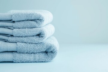 Fototapeta na wymiar Stack Of Light Blue Spa Towels On Calm Background, Ready For Relaxation