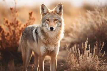 Obraz premium Beautiful photo of a wild coyote out in nature at sunset, Ai generated