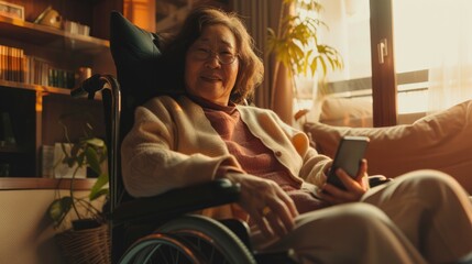 Obraz premium Portrait of smiling senior woman on wheelchair with smartphone at living home.