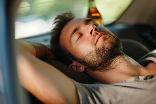 Tired Driver Napping At The Wheel, Bottle Of Liquor Visible In The Car