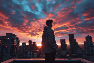 Mysterious Figure Showcases Stylish Urban Attire Against Breathtaking Sunset Cityscape