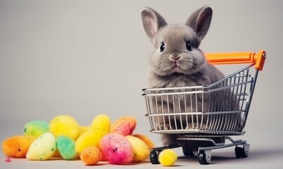 Easter bunny rabbit with egg in Shopping cart. Easter holiday sale.