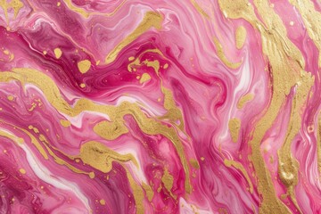 Vibrant Pink And Shimmering Gold Swirls Create Mesmerizing Marble Pattern
