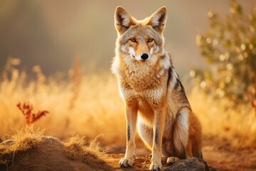 Fototapeta premium Beautiful photo of a wild coyote out in nature at sunset, Ai generated