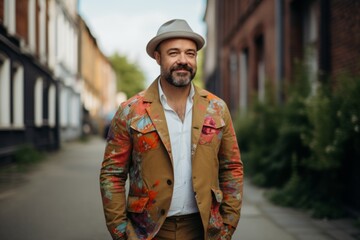 Portrait of a handsome bearded man in a hat and a jacket.