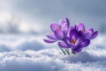 Captivating Floral Scene Unfolds As Vibrant Purple Crocus Emerges From The Snow