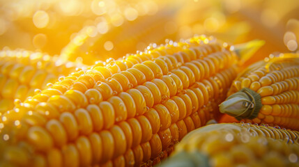 Close-up of ripe corn cobs with dewdrops, basking in the warm, golden light of sunrise.