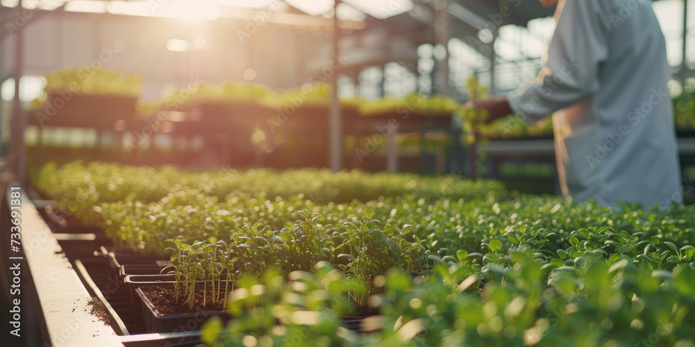 Canvas Prints Scientist observing optimized cress sprouts in greenhouse. Quality control of growth